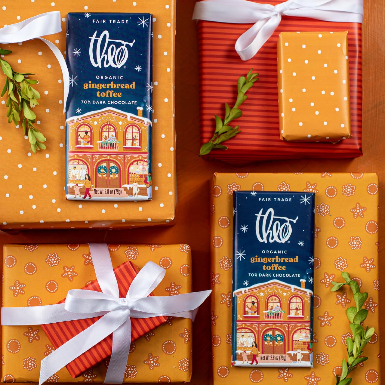 Theo Chocolate Holiday Gingerbread Toffee Organic Dark Chocolate Bar, 70% Cacao, 6 Pack | Fair Trade
