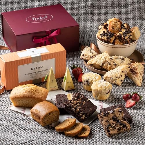 Deluxe Tea and Food Gift Basket Gourmet Present Featuring Old Fashioned Scones, Cheese Brownie, Fudge and Brownie, Muffins, and more plenty to please