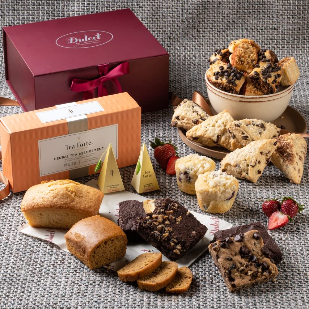 Deluxe Tea and Food Gift Basket Gourmet Present Featuring Old Fashioned Scones, Cheese Brownie, Fudge and Brownie, Muffins, and more plenty to please