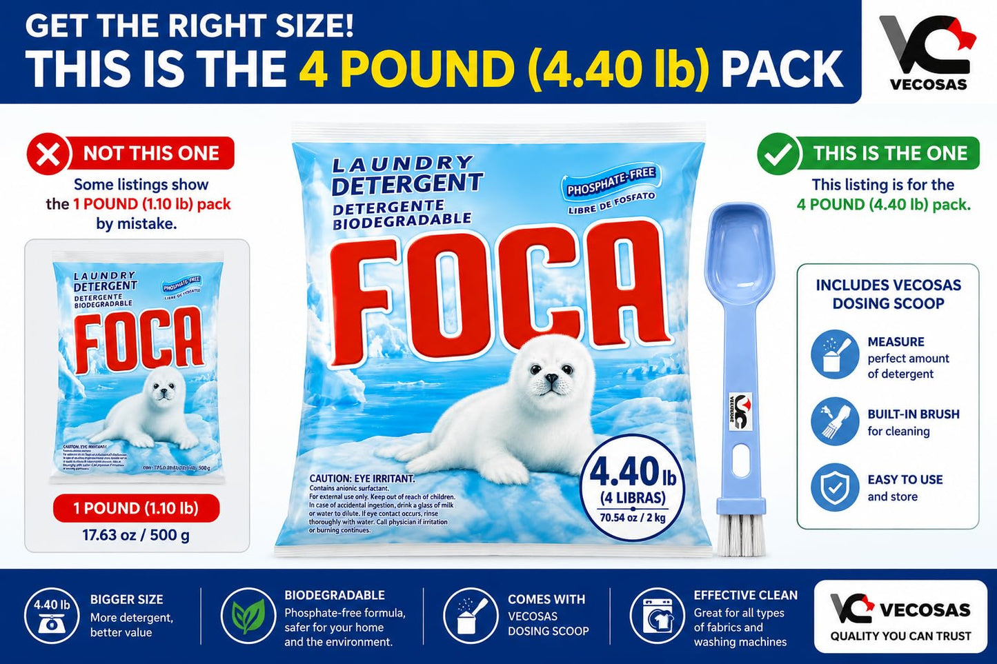 VECOSAS Foca Laundry Detergent 4.4 lb Bag - with Spoon., 4.41 Pound (Pack of 1)