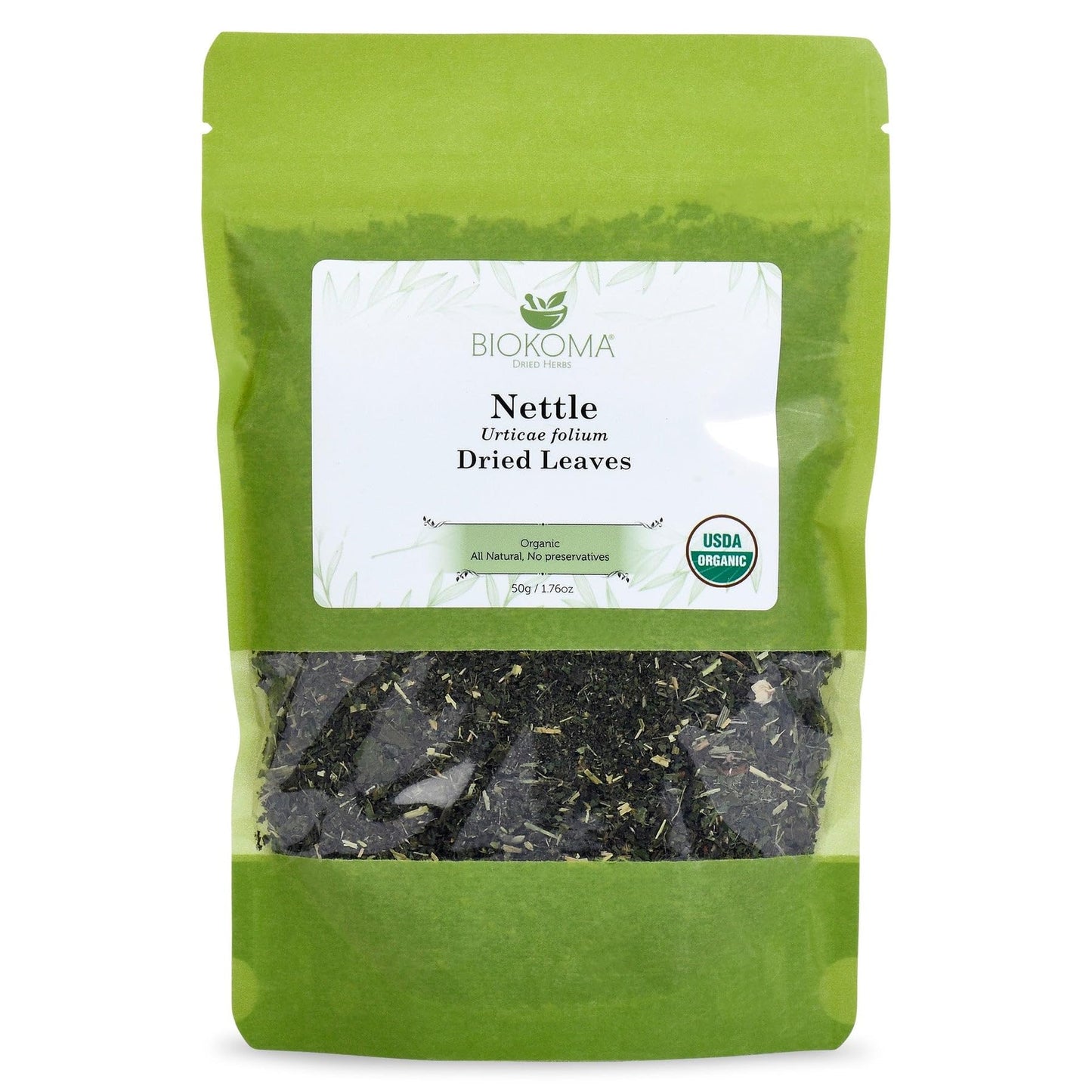 Biokoma Organic Nettle Leaves 50g 1.76oz Dried Cut & Sifted Urtica Dioica Leaf USDA Organic Herbal Tea Natural Wellness Seasonal Support Resealable