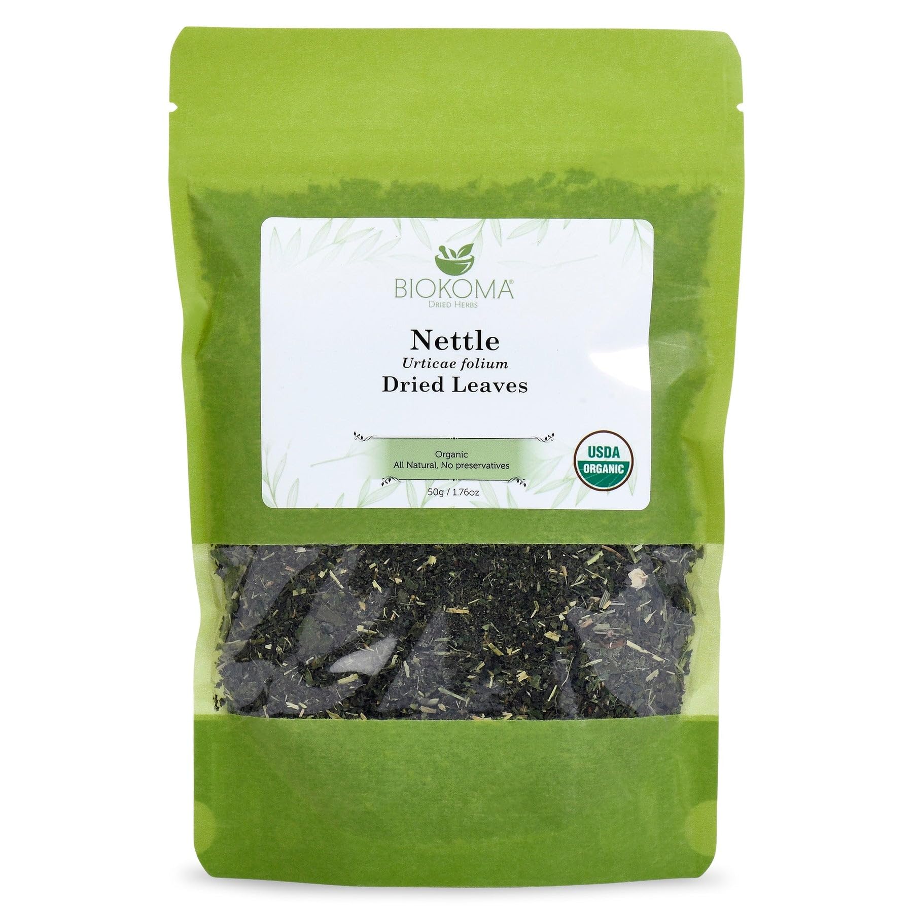 Biokoma Organic Nettle Leaves 50g 1.76oz Dried Cut & Sifted Urtica Dioica Leaf USDA Organic Herbal Tea Natural Wellness Seasonal Support Resealable
