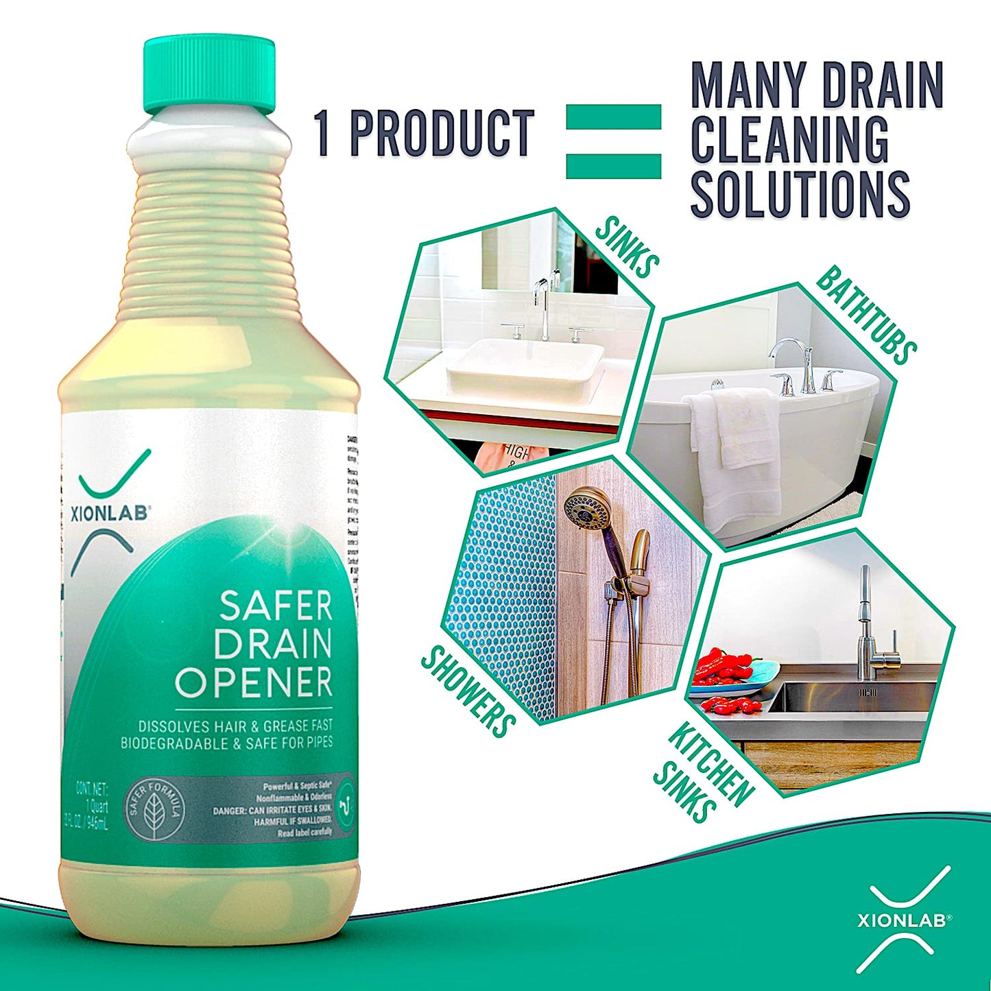XionLab Safer, Greener Drain Clog Remover - Industrial-Strength Liquid Drain Cleaner for Hair & Grease - Septic Safe, Odorless, Biodegradable
