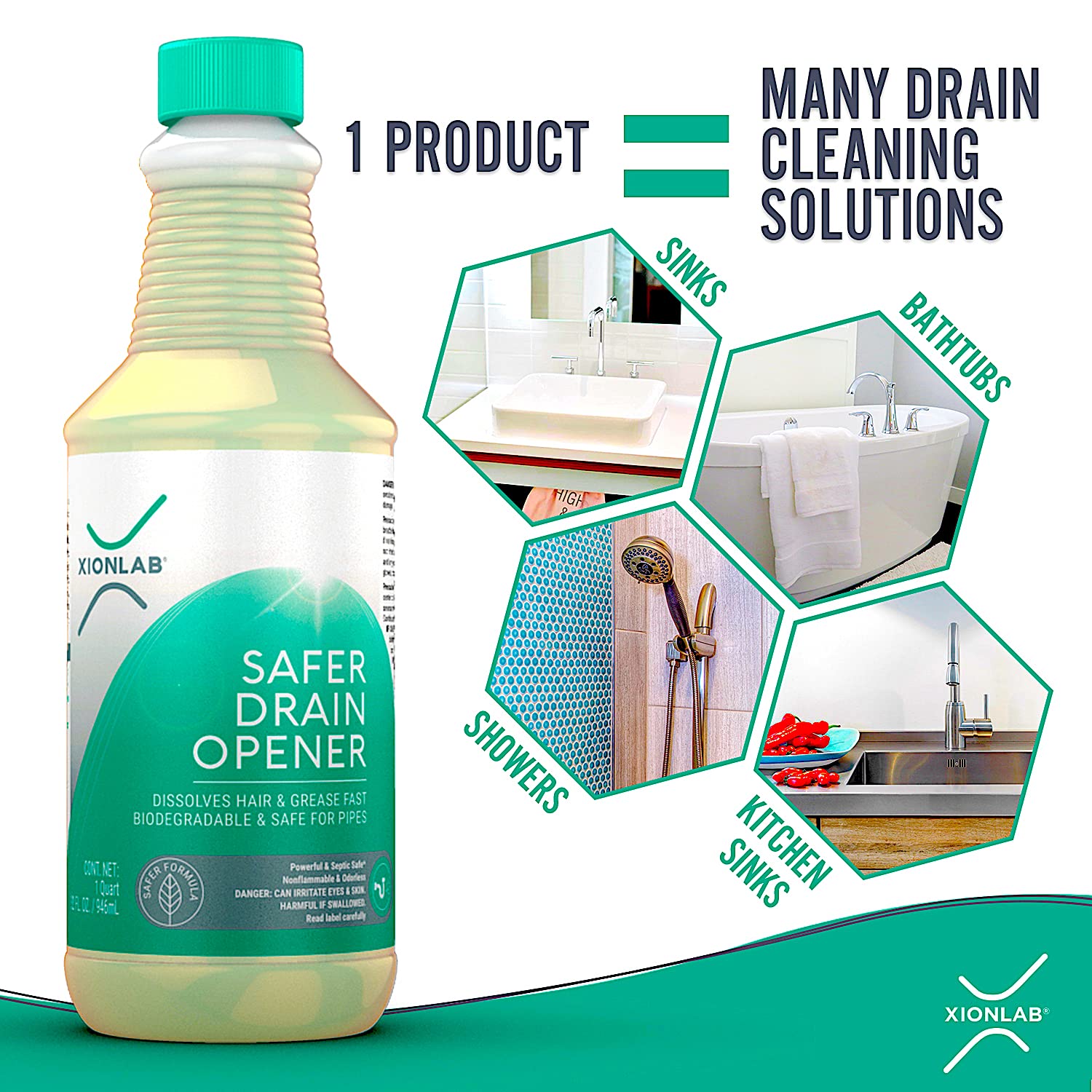 XionLab Safer, Greener Drain Clog Remover - Industrial-Strength Liquid Drain Cleaner for Hair & Grease - Septic Safe, Odorless, Biodegradable