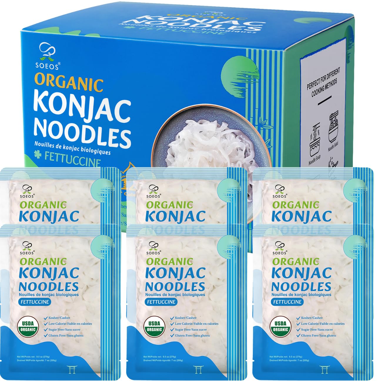 Soeos Konjac Noodles, Fettuccine Pasta, 8.8 oz (250g)*6 Pack, Low Calorie, Low Carb, Keto and Paleo Friendly Shirataki Noodle, Gluten-Free, Fat Free.