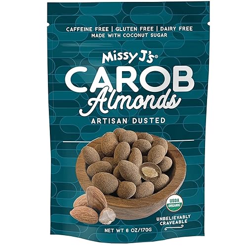 Missy J's Organic Carob Covered Almonds 6oz. | Carob Made w/Coconut Sugar, Vegan and Gluten-Free | Healthy Caffeine Free Substitute for Chocolate