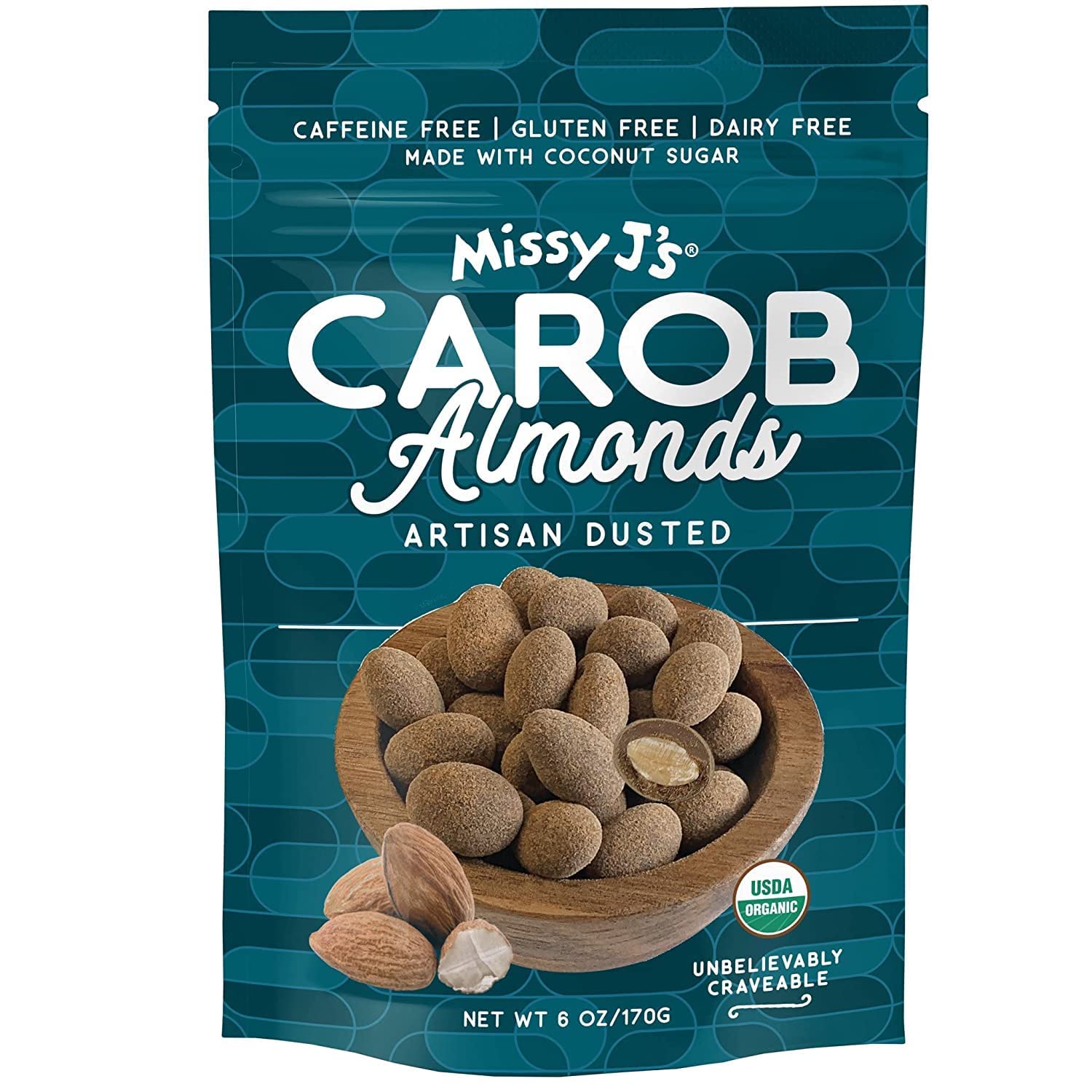 Missy J's Organic Carob Covered Almonds 6oz. | Carob Made w/Coconut Sugar, Vegan and Gluten-Free | Healthy Caffeine Free Substitute for Chocolate