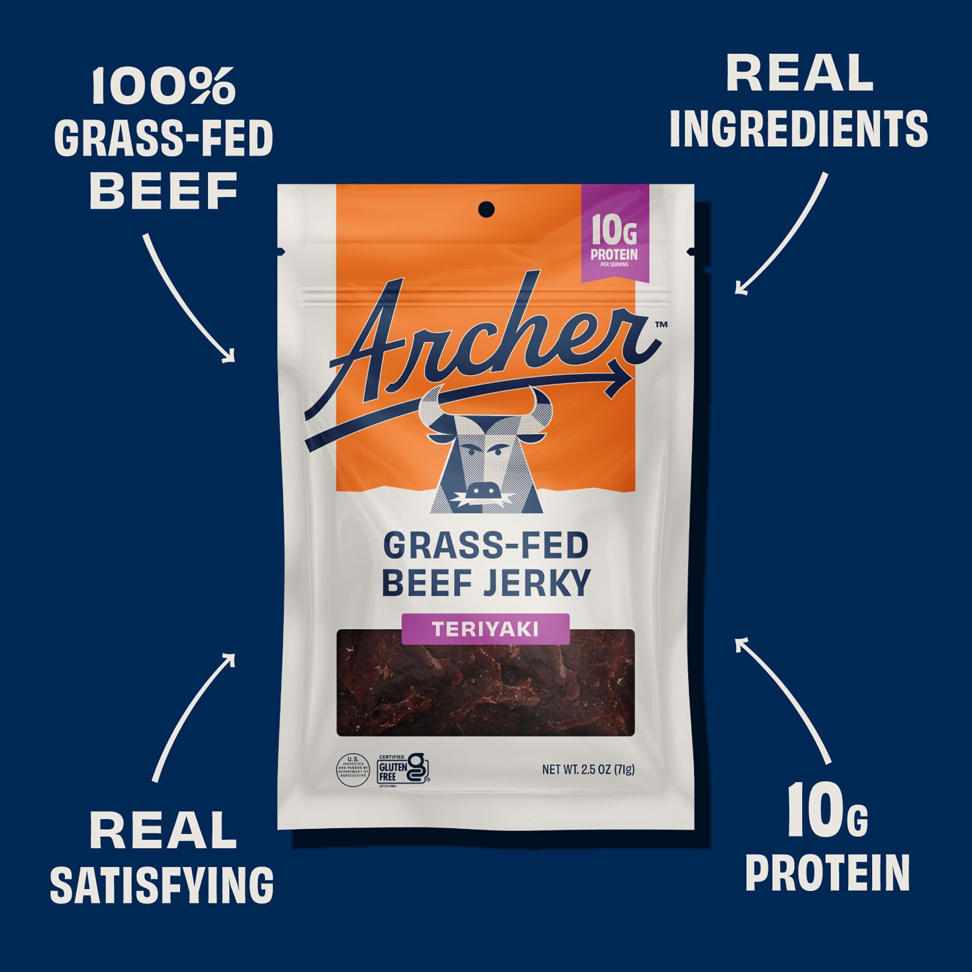 Archer Jerky Grass Fed Beef Jerky - Beef Protein Snack Pack, Teriyaki Flavored, Bulk Individual Packs, Gluten Free Protein Snack - Teriyaki Flavor