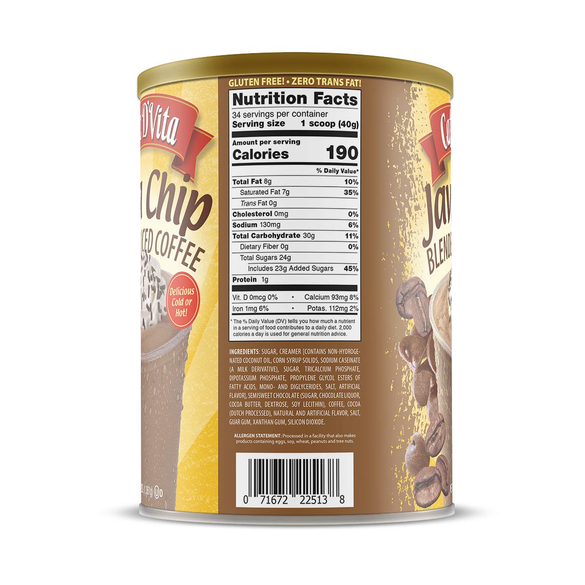 Caffe D'Vita Java Chip Latte Blended Ice Coffee - Java Chip Frappe Mix, Blended Iced Coffee Mix, Gluten Free, Low Fat, No Cholesterol, No Hydrogenated