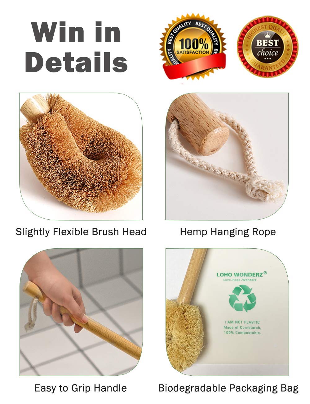 Updated Modern Version Toilet Bowl Brush, Natural Coconut Fiber Brush Head and Beechwood Handle for Bathroom Toilet - Sturdy, Deep Cleaning