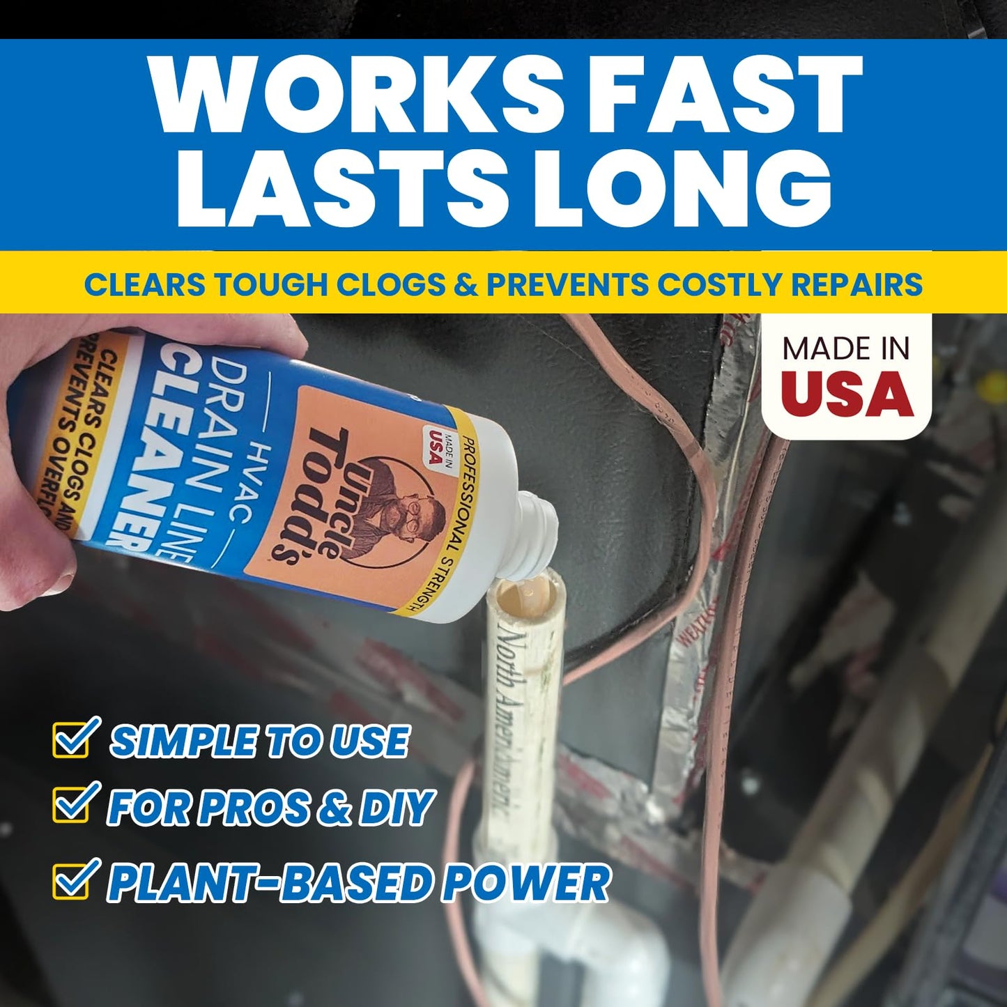 Uncle Todd's HVAC Drain Line Cleaner - 16oz / 8 Months Supply Bleach-Free, Fast-Acting, Long-Lasting AC Drain Line Solution for Tough Clogs & Buildup