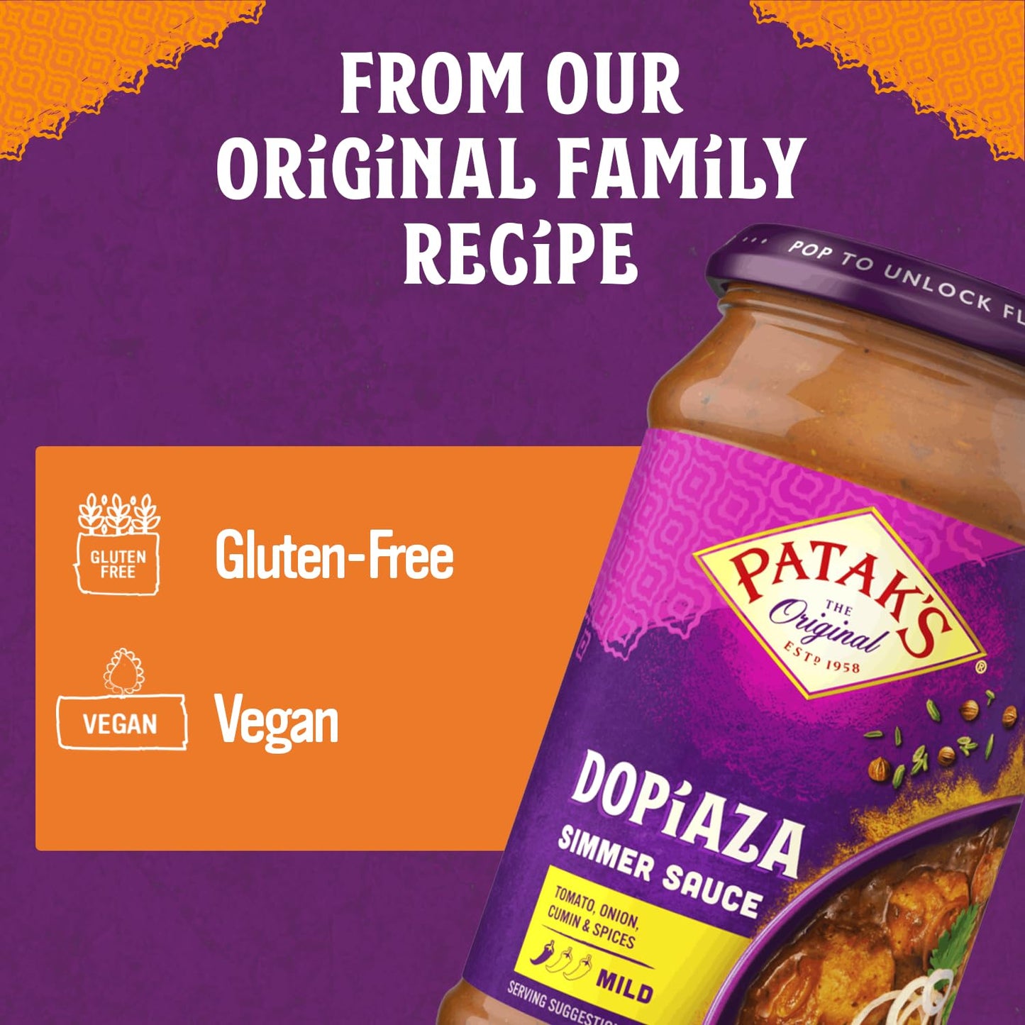 Patak’s Dopiaza Simmer Sauce - Tomato-Based Curry Sauce with Sweet & Sharp Onion Flavor - Gluten-Free & Vegan Indian Sauce - Perfect for Quick