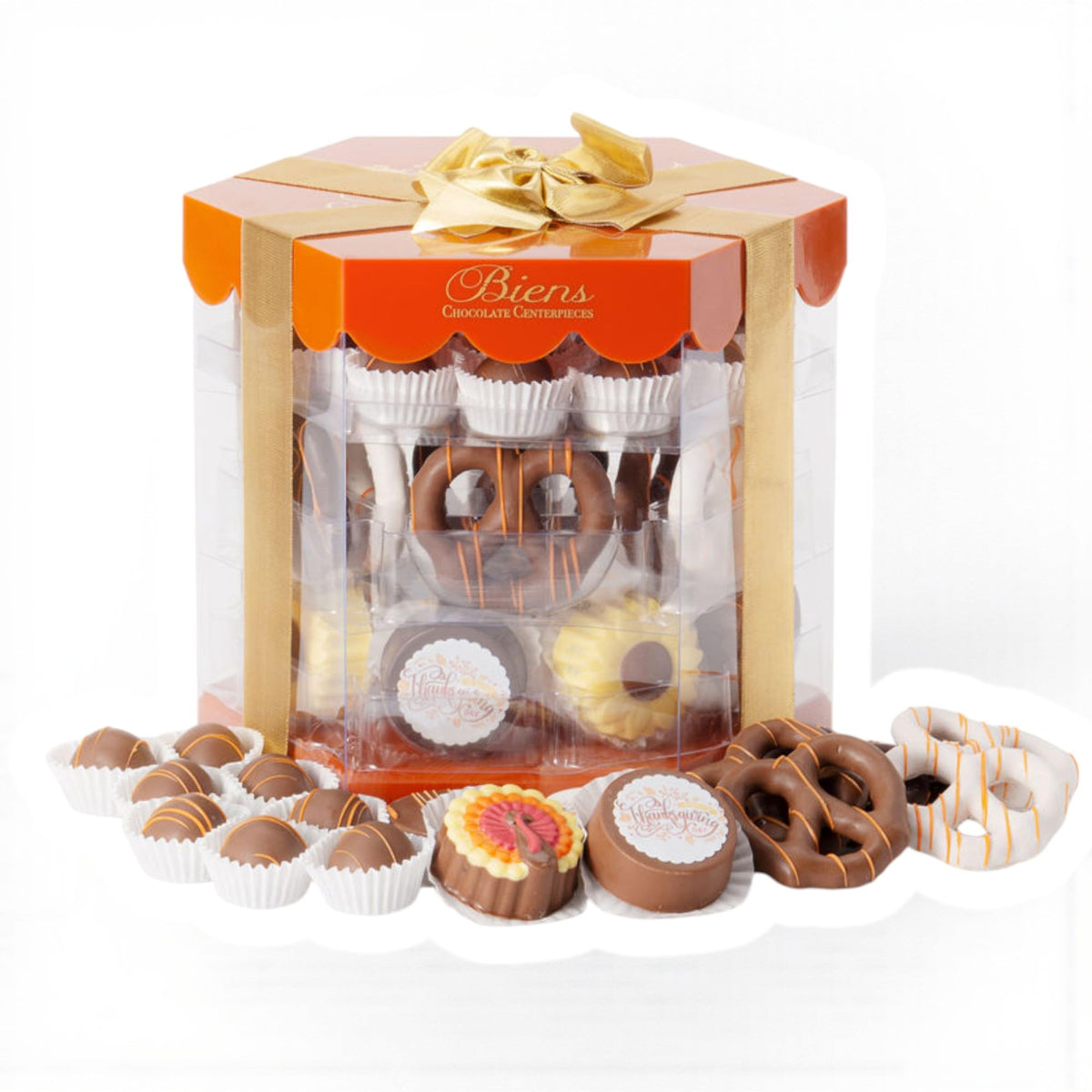 Biens Chocolate Centerpieces, Thanksgiving Selection Box - 42 Piece Fall Gift Set with Covered Chocolate Sandwich Cookies, Pretzels & Hand Decorated