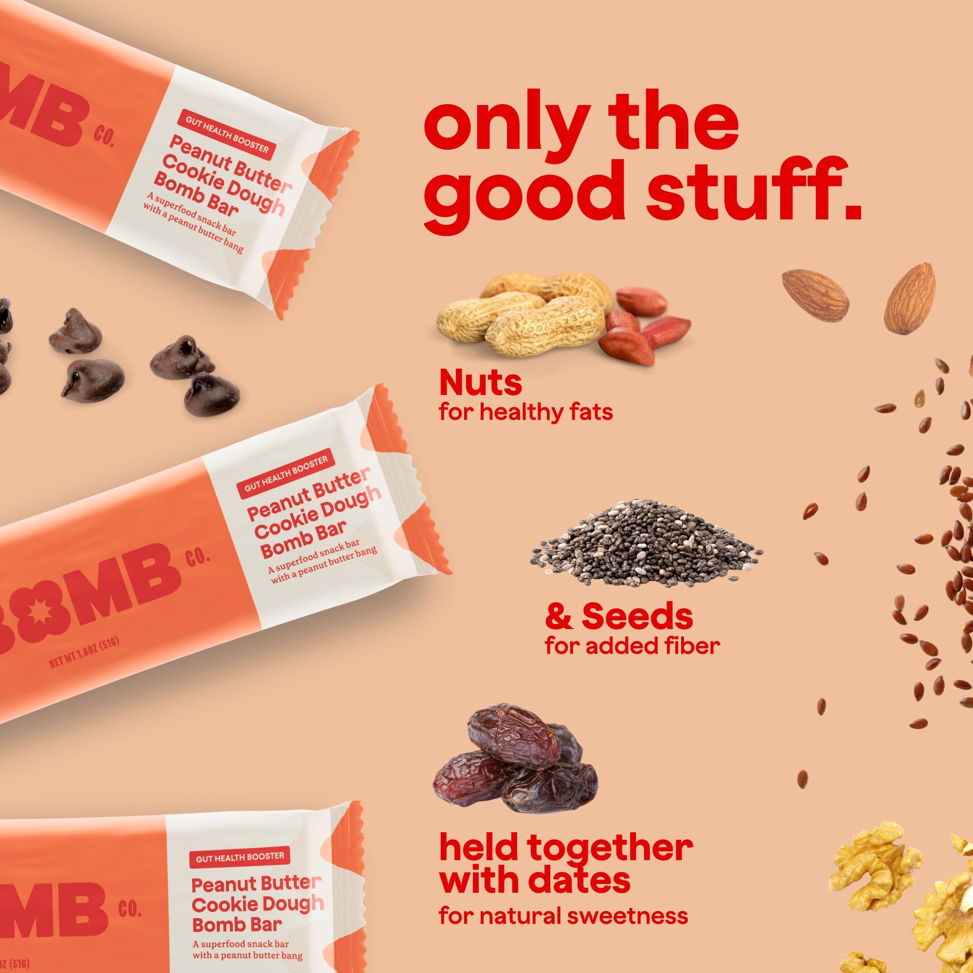 The Bomb Co. Blender Bomb Bar, Peanut Butter Cookie Dough, Superfood Snack Bar for Gut Health, Peanut Butter, Hemp Seeds, Chia Seeds, Flax Seeds, Sea