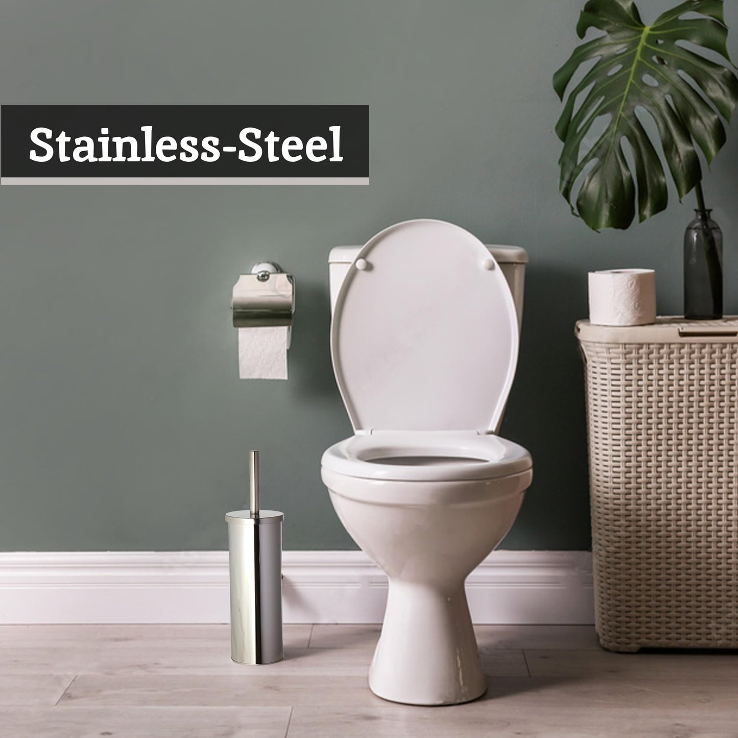 Premier Housewares Toilet Brush & Holder | Chrome Metal Toilet Brush Set | Attached Lid Toilet Cleaner Brush | Free Standing Loo Reflective Brush