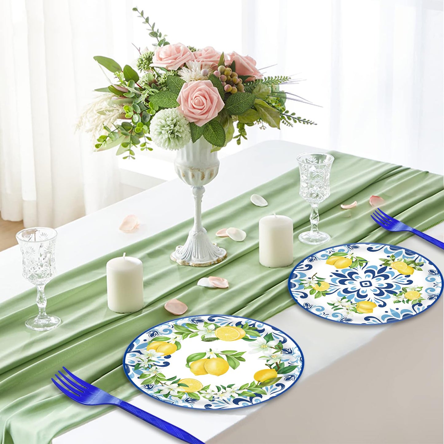 100 Pieces Mediterranean Citrus Party Tableware Set - Blue White Lemon Plates, Napkins and Forks, Disposable Dinnerware for Summer Birthday, Bridal