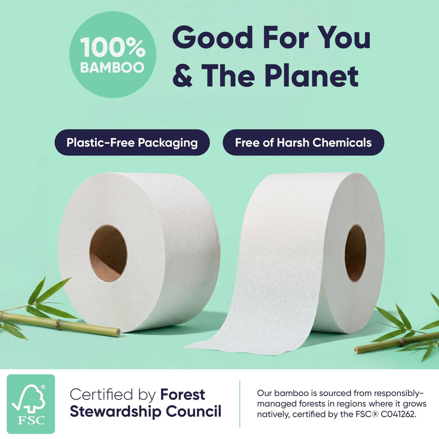 Save Trees Jumbo Toilet Paper Commercial Rolls - Bamboo, 12 Rolls per Case, 1000 Feet Non-Perforated, 2-ply, White, Bulk Toilet Paper for Commercial
