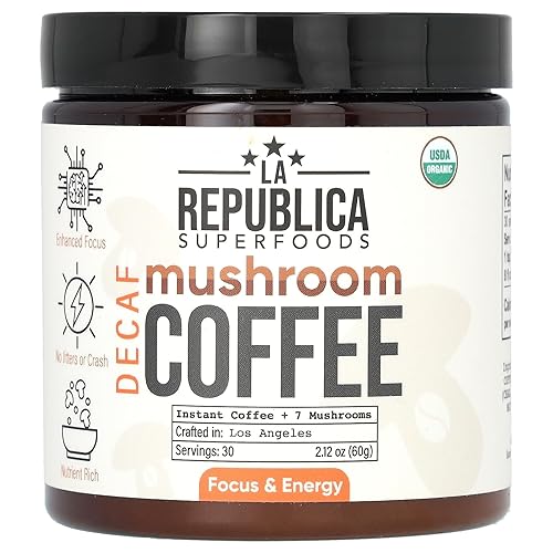 La Republica Organic Decaf Instant Mushroom Coffee Organic, Water-Processed, 7 Superfood Shrooms (Lion's Mane, Reishi, Chaga, Cordyceps, Shiitake
