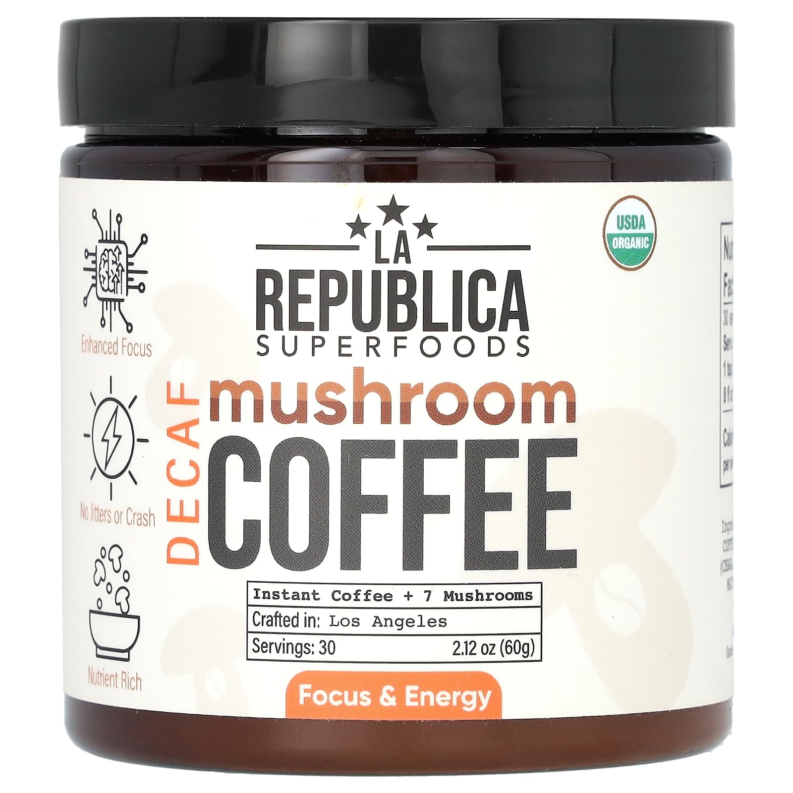 La Republica Organic Decaf Instant Mushroom Coffee Organic, Water-Processed, 7 Superfood Shrooms (Lion's Mane, Reishi, Chaga, Cordyceps, Shiitake