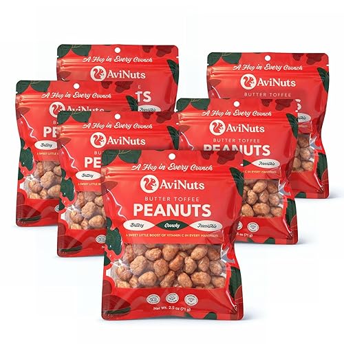AviNuts Butter Toffee Peanuts, Sweet & Salty Toffee Coated Whole Peanuts, Single Serve Snack Bags, 2.5 oz (Pack of 6)