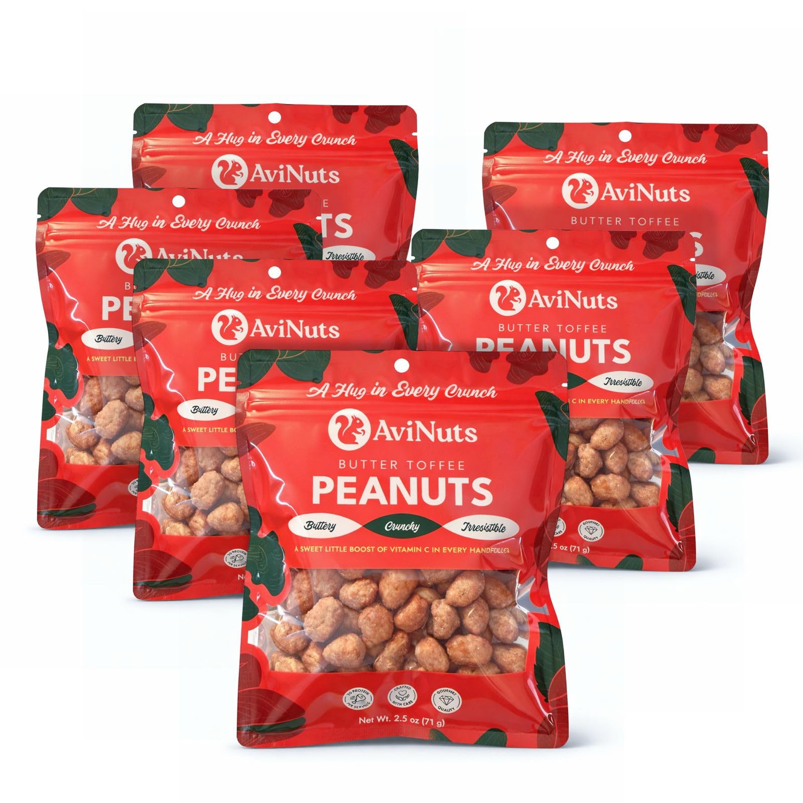 AviNuts Butter Toffee Peanuts, Sweet & Salty Toffee Coated Whole Peanuts, Single Serve Snack Bags, 2.5 oz (Pack of 6)