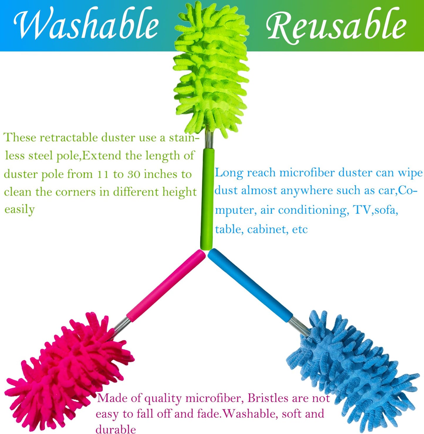 M-Jump 3 Pack Retractable Long-Reach Washable Duster for Cleaning, Microfiber Hand Duster Brush with Telescoping Pole for Cleaning Car, Window
