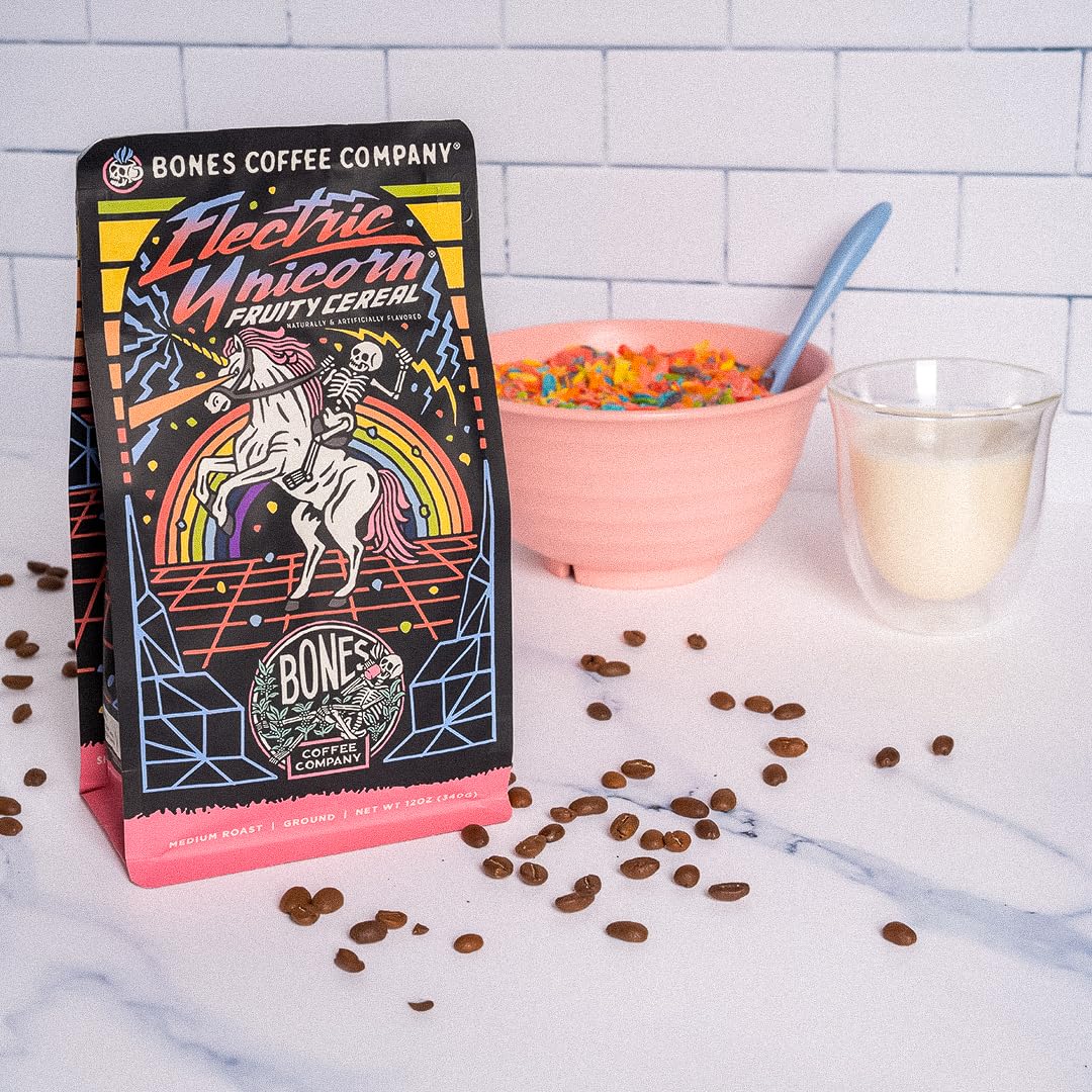 Bones Coffee Company Electric Unicorn, Fruity Cereal With Milk Flavored Coffee, Medium Roast Low Acid Arabica Beans Compatible with Auto drip