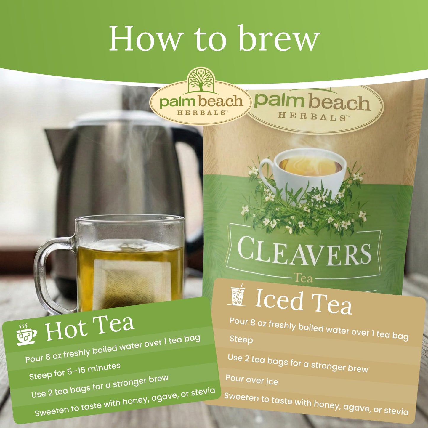 Palm Beach Herbs Cleavers Tea - Cleavers Herb for Lymphatic, Urinary and Wellness Support - Caffeine Free - Sugar Free - 30 Tea Bags