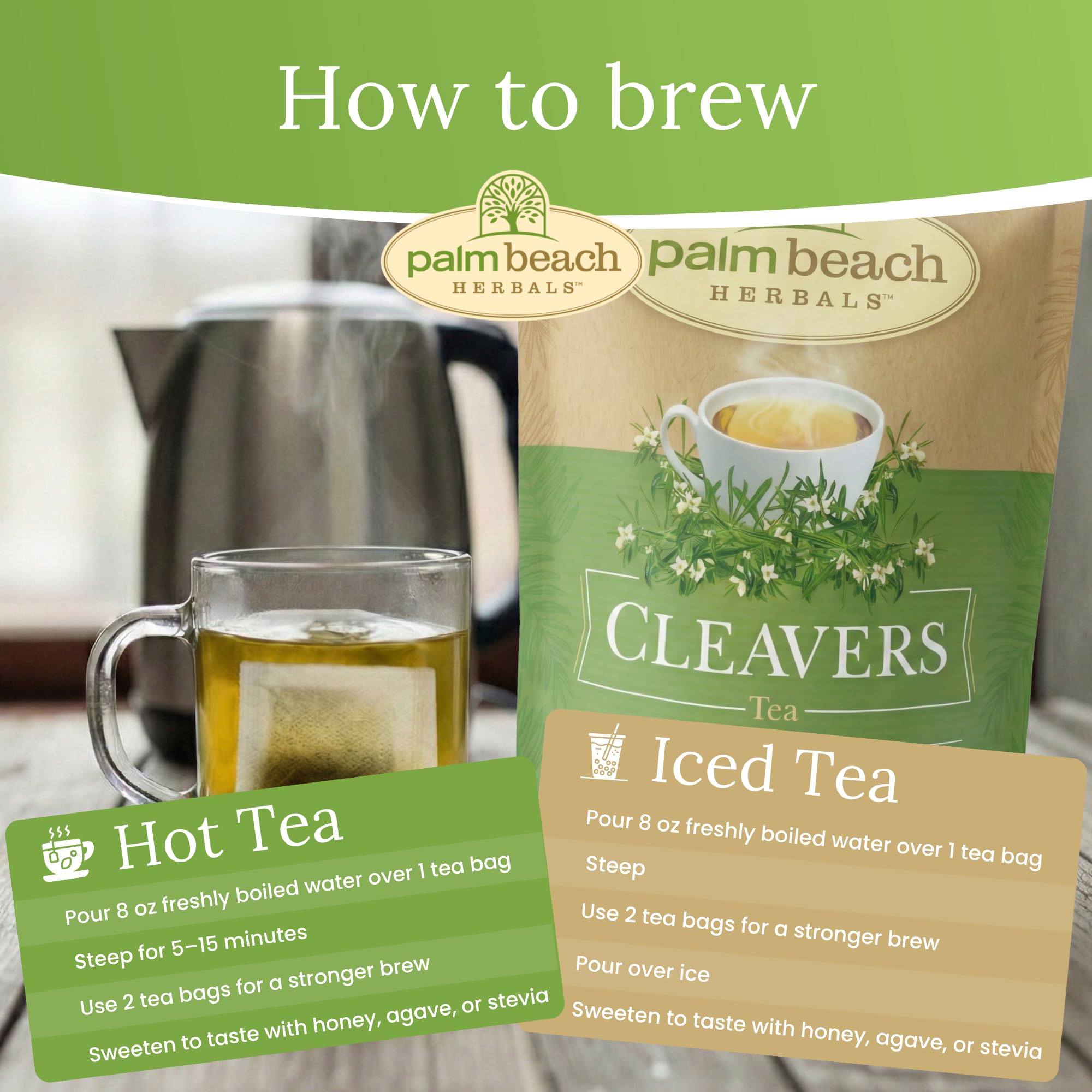 Palm Beach Herbs Cleavers Tea - Cleavers Herb for Lymphatic, Urinary and Wellness Support - Caffeine Free - Sugar Free - 30 Tea Bags