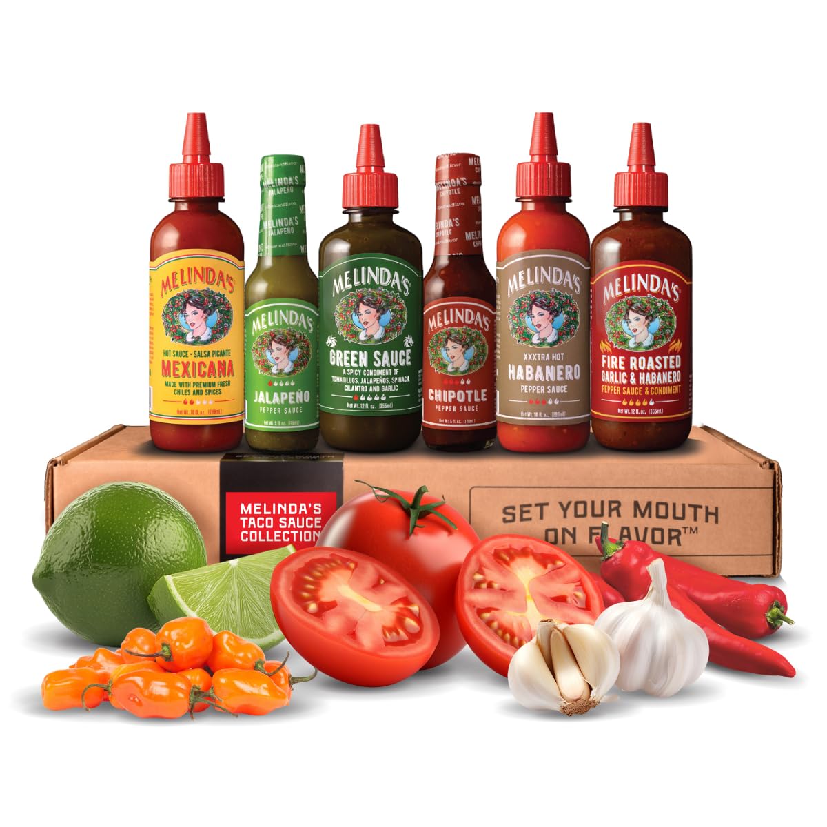 Melinda’s Taco Sauce Collection - 6 Pack (54 Oz) -Taco Hot Sauce Variety Pack for Taco Night with Jalapeño Hot Sauce, Mexicana, Chipotle & More