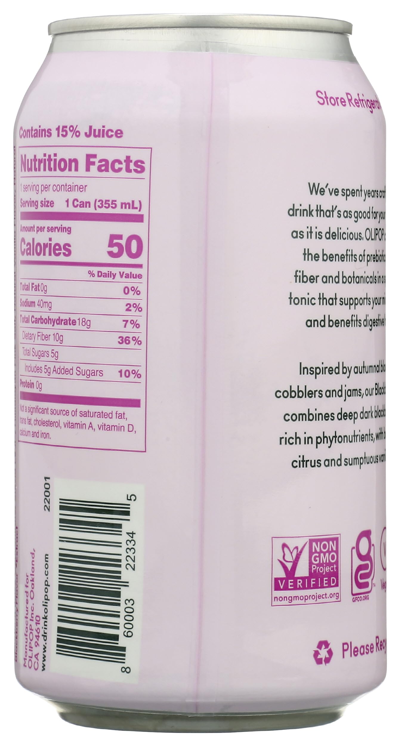 OLIPOP Sparkling Blackberry Vanilla Tonic, 12 FZ, Shelf Stable