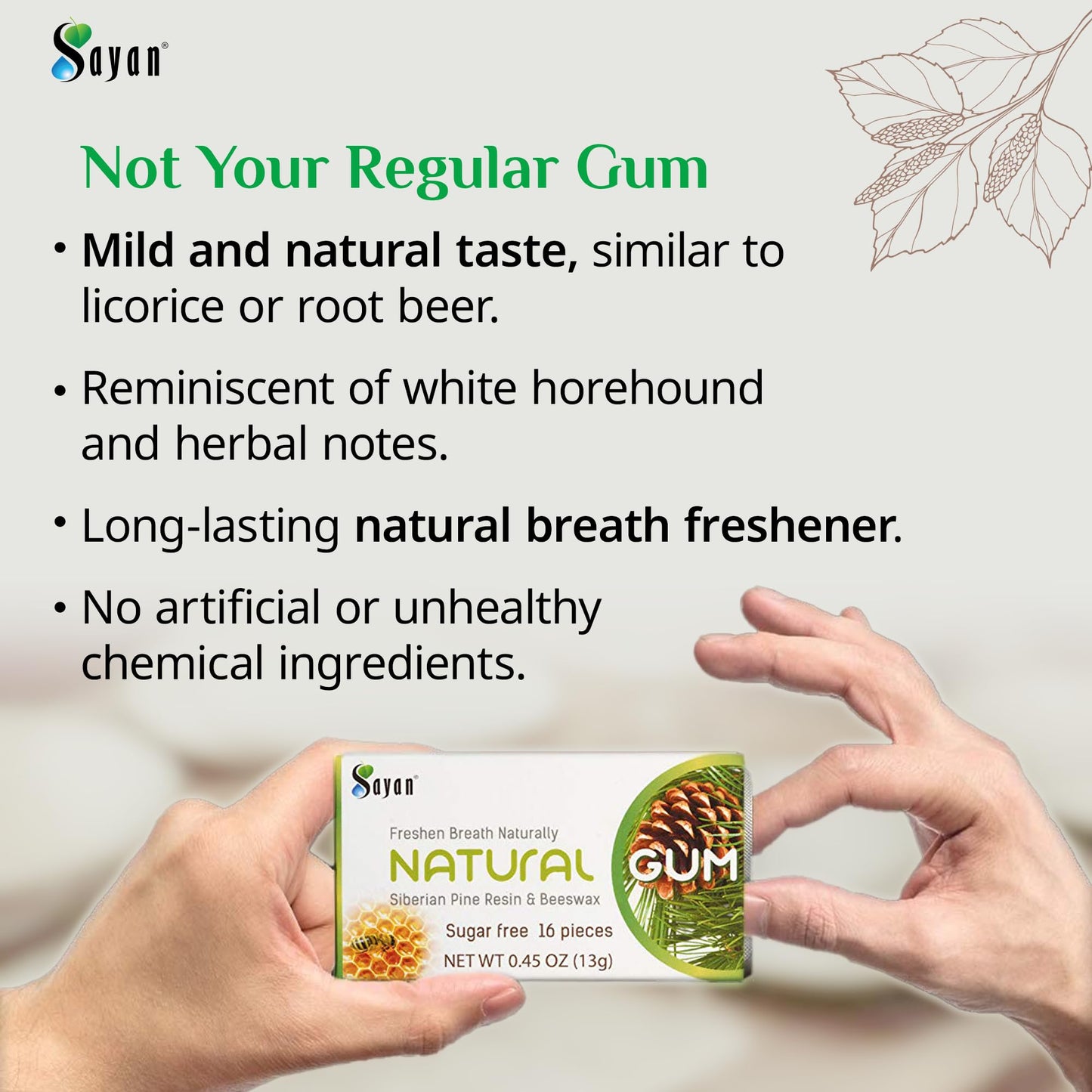 Sayan Sugar Free All Natural Gum, Siberian Pine Tree Resin and Beeswax Chewing Gum for Fresh Breath, Vegetarian, Non-GMO, No Sugar, Gluten Free