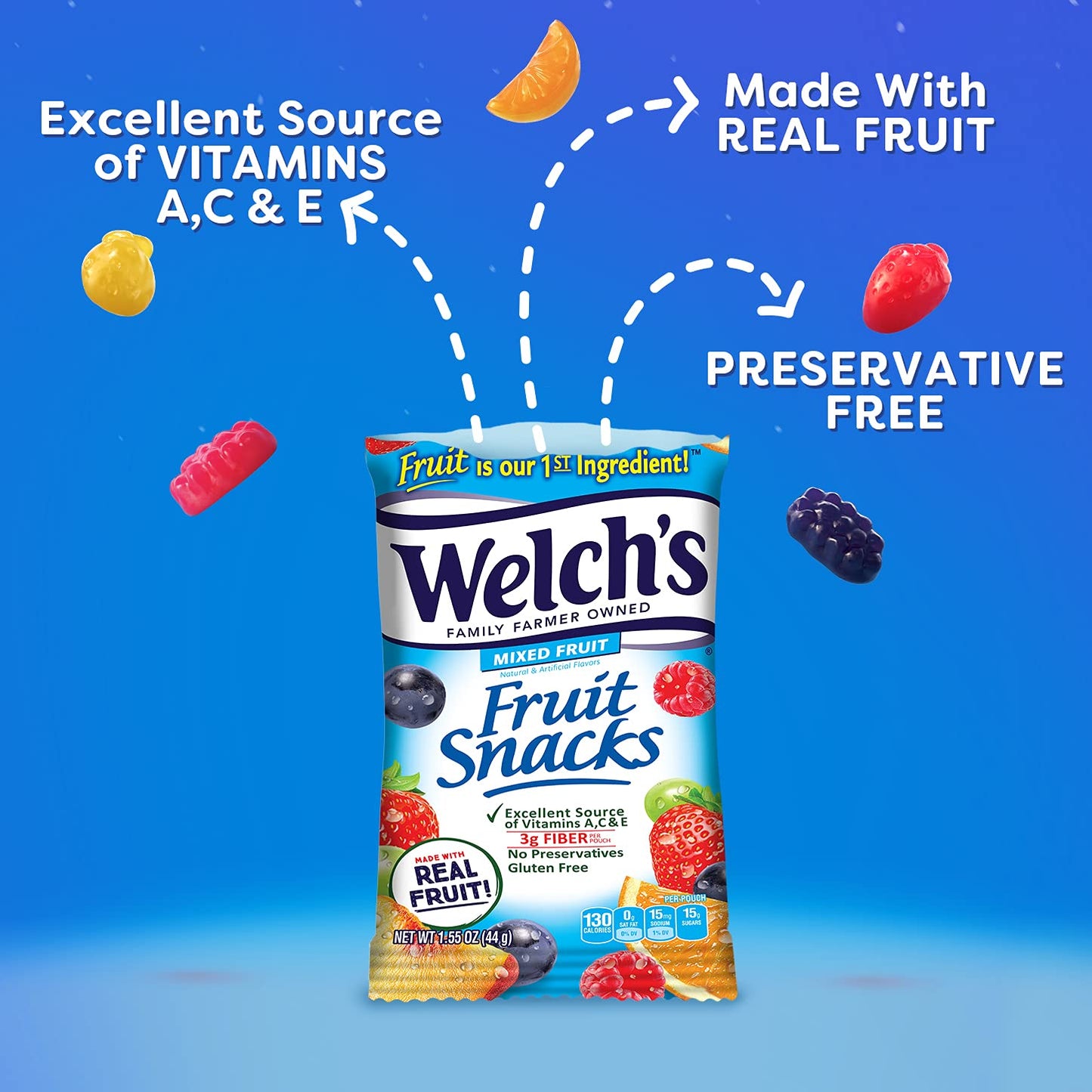 Welch's Fruit Snacks, Mixed Fruit, Great for School Lunches, Bulk Pack, Individual Single Serve Bags, 1.55 oz (Pack of 144)
