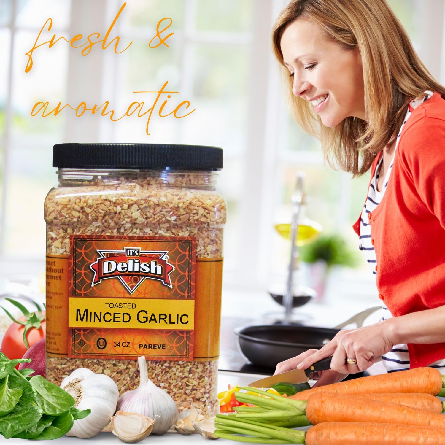Gourmet Toasted Dried Minced Garlic by Its Delish, 2.1 LBS (34 Oz) Jumbo Container Jar - Dry Roasted Garlic Flakes - All Natural Peeled Chopped Garlic