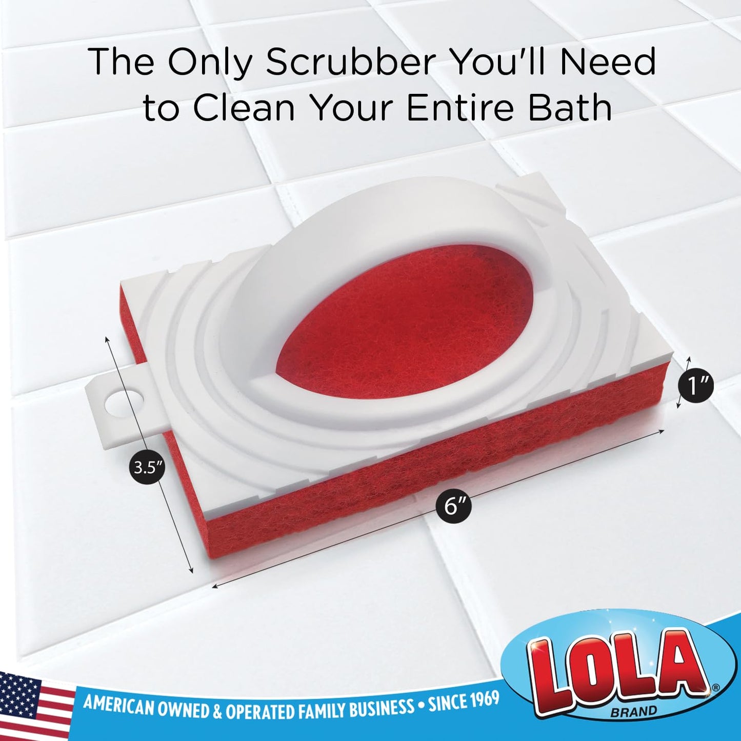 LOLA All Purpose Scrubber, Medium Duty Fiber Pad, Bath and Tile Scrubber, Grip Handle, Multi-Surface Cleaner, 1 Pack