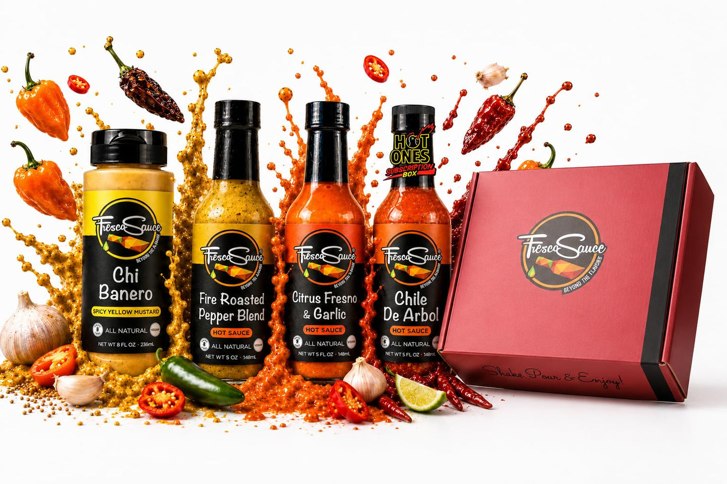 Fresco Sauce - Fabulous Hot Sauce Gift Box 4 Pack - Chi Banero Mustard - Fire Roasted Pepper Blend - Garlic Citrus Fresno - Chile De Arbol