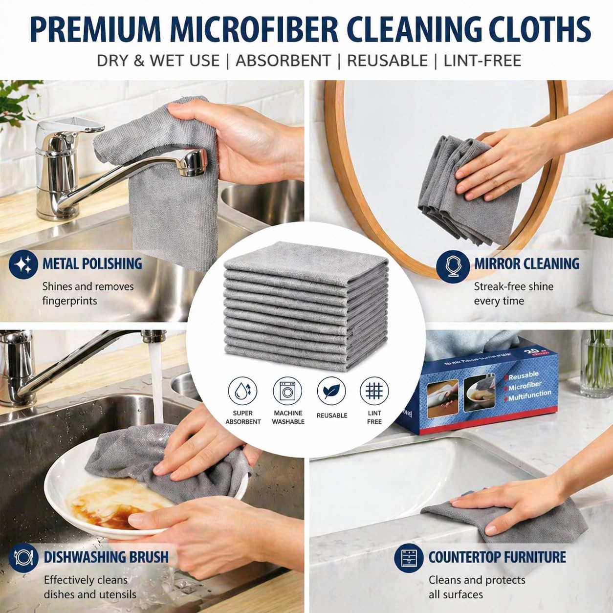 BIBWLD Gray Microfiber Cleaning Cloths, 30 Pack Reusable Washable Microfiber Towels with Dispenser Box, Lint-Free Shop Rags for Car, Automotive, Home