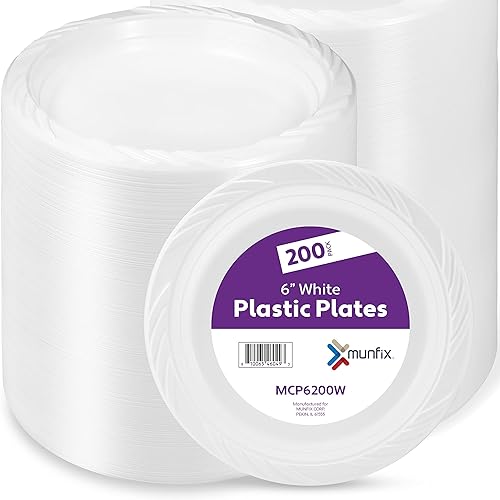 Munfix 200 White Plastic Dessert Plates, 6 Inch Disposable Plates, Bulk Pack for Party, BBQ, Picnic, Parties, Travel and Events, Microwavable