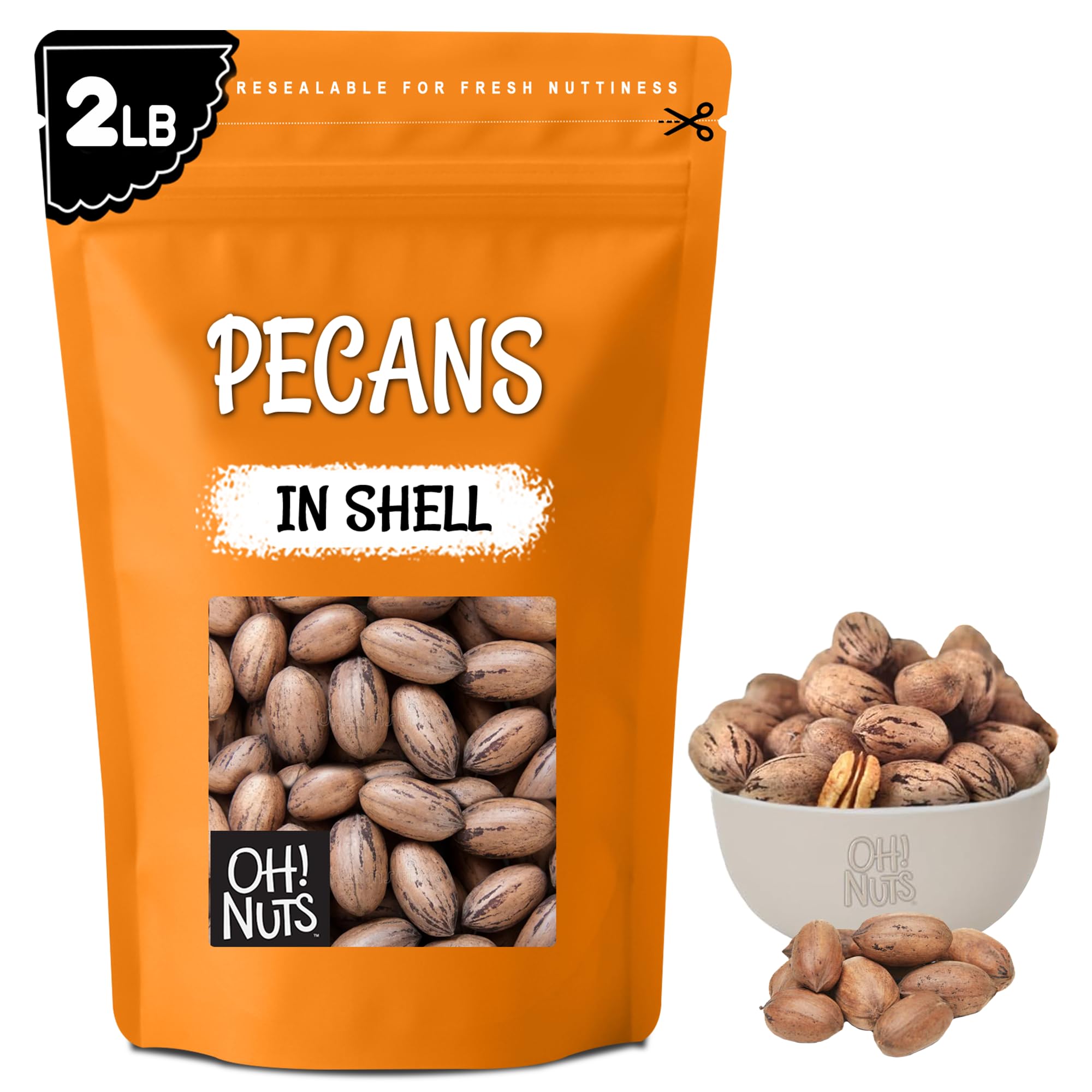 Oh! Nuts Pecans in Shell - Raw - 100% Natural - 2 lb - High-Protein Pecans - Packed in New York Zip-Seal Bag for Exceptional Freshness