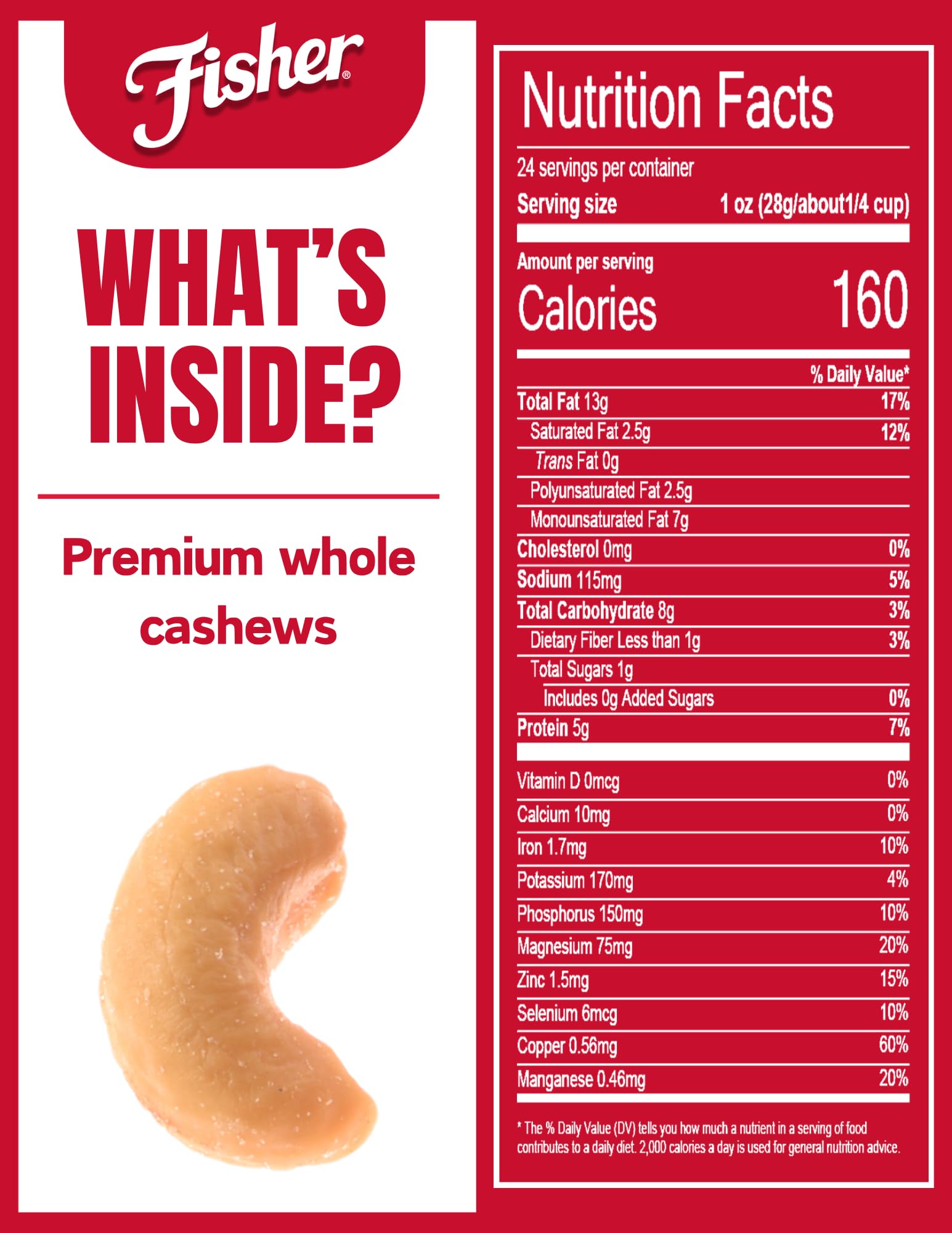 Fisher Snack Premium Whole Cashews, 24 Ounces, Roasted with Sea Salt, No Artificial Colors or Flavors, 100% Recyclable