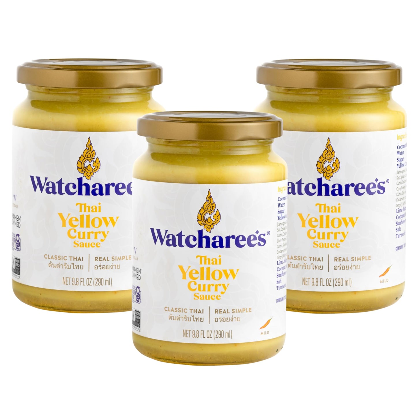 Watcharee's Thai Curry Simmer Sauces - Yellow Curry Kaeng Kari | Authentic Thai Recipe, Vegan, Non-GMO, Gluten-Free - 3 Pack (9.8 fl oz Each)