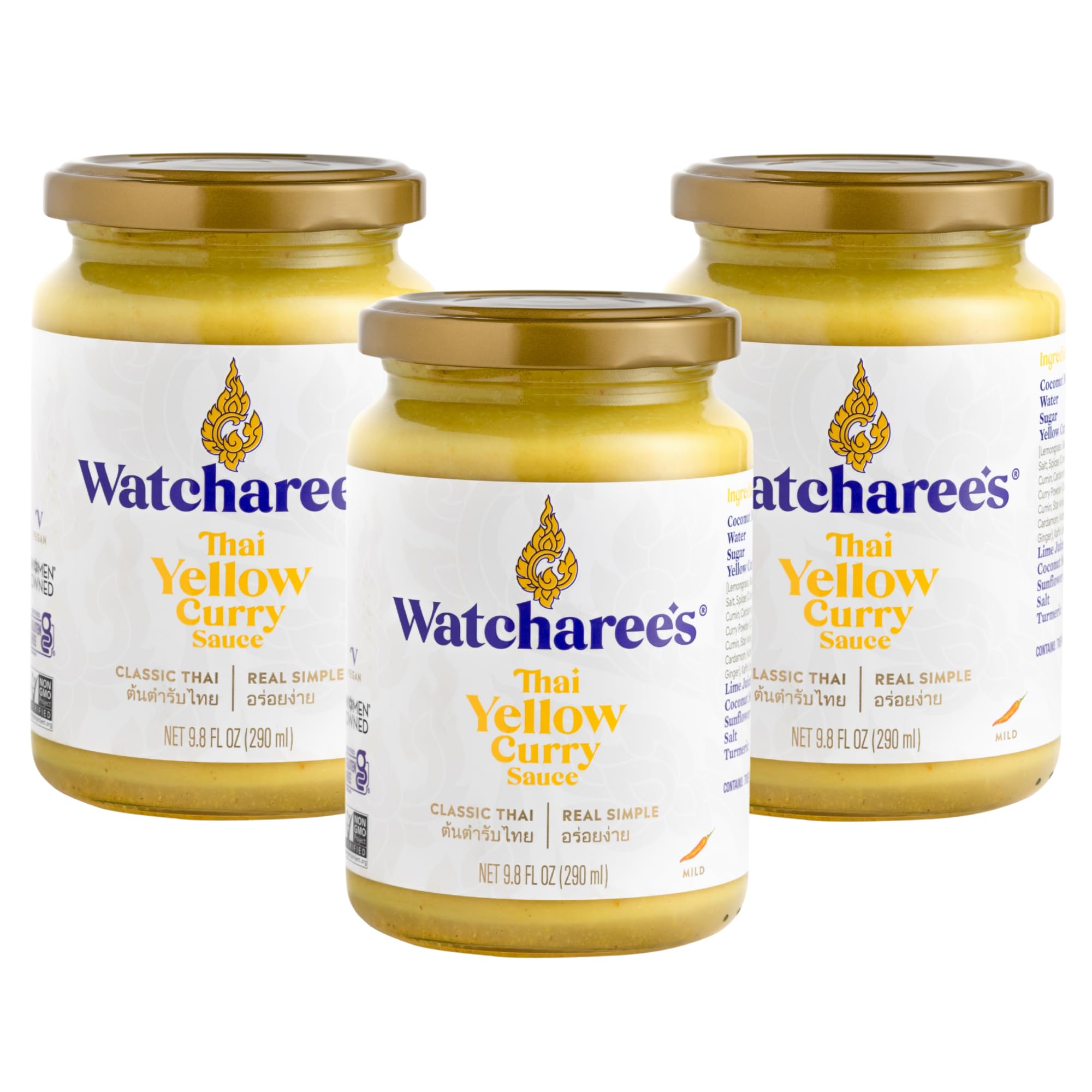 Watcharee's Thai Curry Simmer Sauces - Yellow Curry Kaeng Kari | Authentic Thai Recipe, Vegan, Non-GMO, Gluten-Free - 3 Pack (9.8 fl oz Each)
