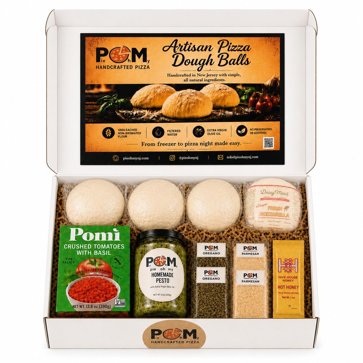 Pie Oh My Artisan Pizza Night Kit - 3 Pizza Dough Balls with Mozzarella, Tomato Basil Sauce, Pesto, Parmesan, Oregano & Hot Honey