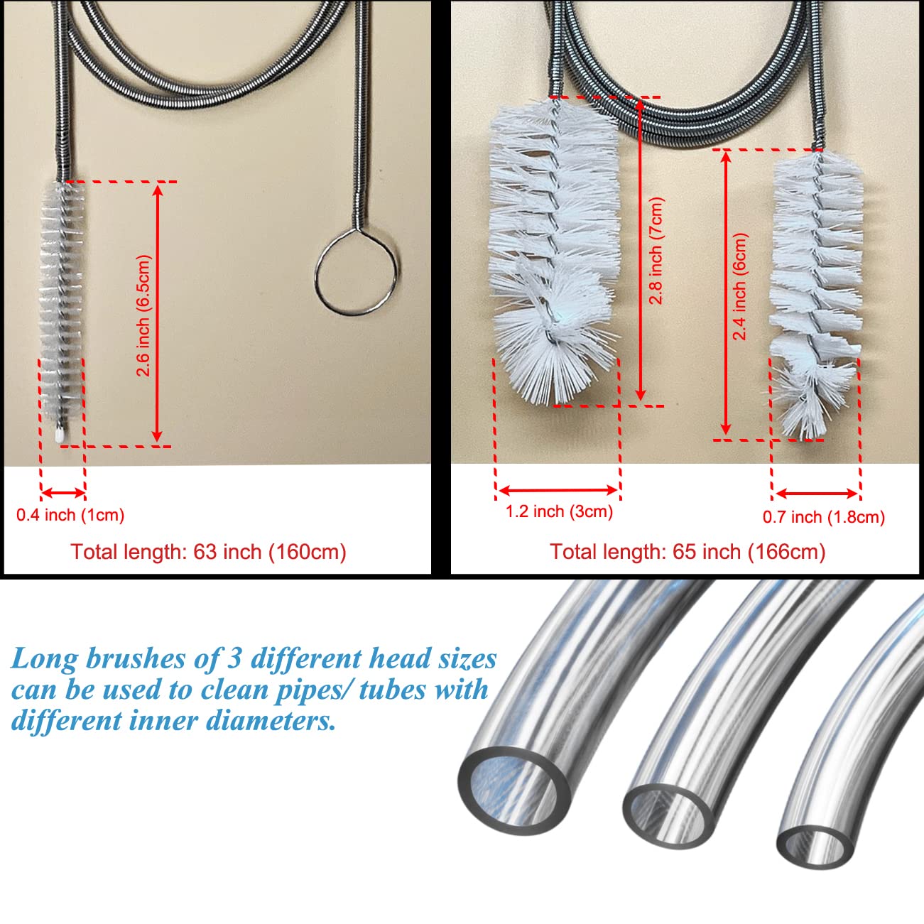 65" Flexible Drain Brush, Tube Pipe Cleaning Brush, Long Slim Cleaner Brush for Shower Sink Drain/Refrigerator Drain Hole/Dishwasher Air Gap/Fish