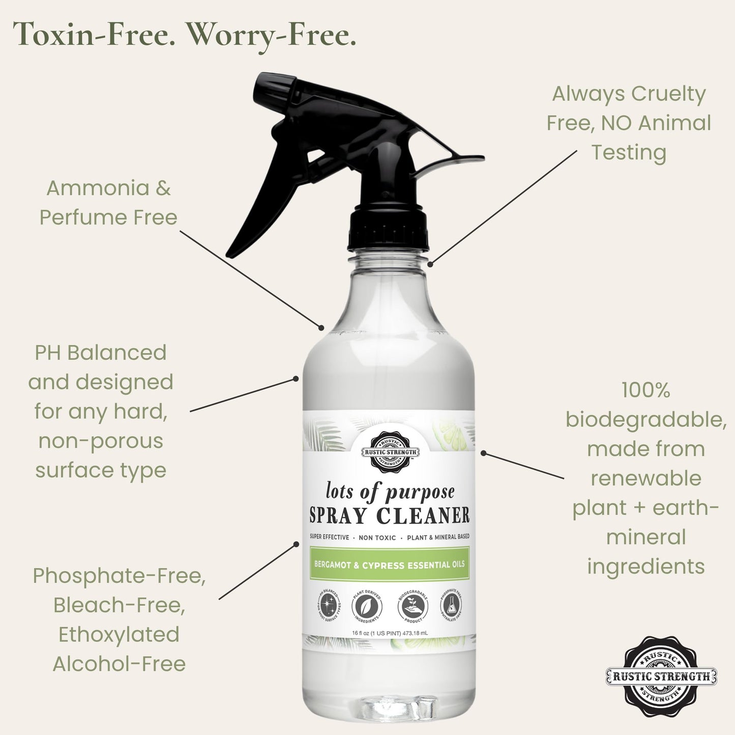 Rustic Strength Lots of Purpose Spray Cleaner, Bergamot & Cypress, Multi-Surface, pH Balanced, Non-Toxic, Biodegradable, 16 oz