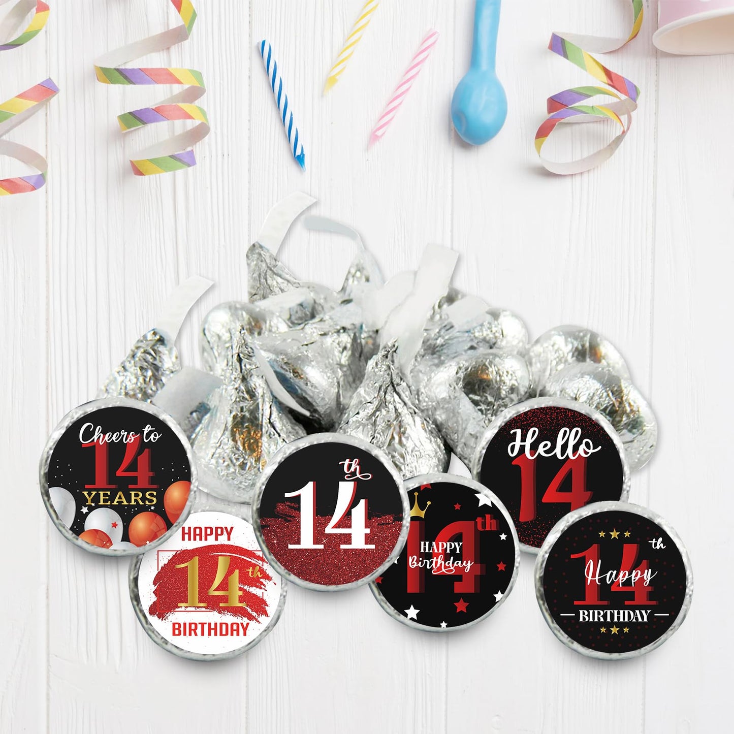 Happy 14th Birthday Party Favor Labels Chocolate Kisses Candy Stickers - Fourteen Years Old Birthday Round Candy Sticker Party Favors - Black and Red