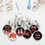 Happy 14th Birthday Party Favor Labels Chocolate Kisses Candy Stickers - Fourteen Years Old Birthday Round Candy Sticker Party Favors - Black and Red