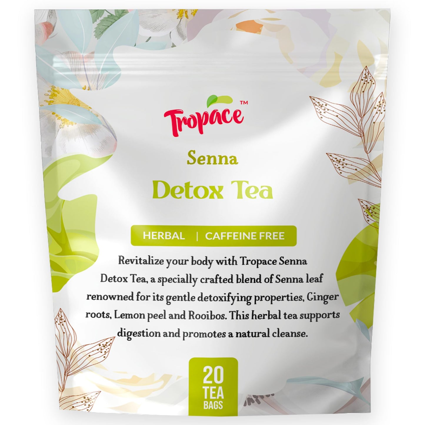 Tropace Senna Leaf Herbal Tea - Caffeine-Free, 20 Tea Bags Infused with Senna, Ginger, Rooibos & Lemon Peel - Rooted in Africa, Packed in USA, 1.8 oz