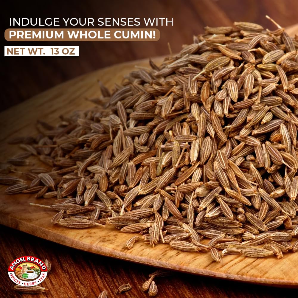 Angel Brand Cumin Seeds Whole 13oz Bottle - Premium Whole Cumin Seeds for Cooking, Spices, and Seasoning - Ideal for Indian, Middle Eastern & Mexican