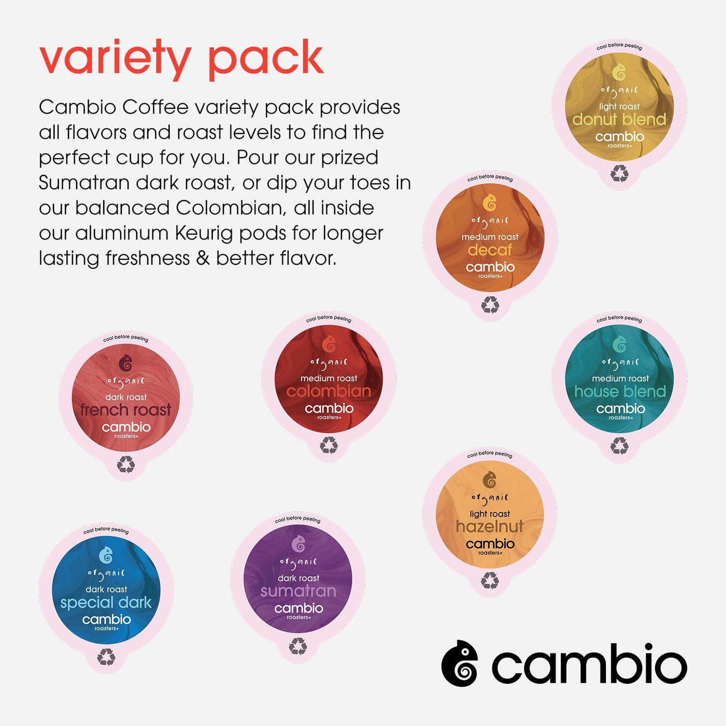 Cambio Roasters Organic Coffee Pods Variety Pack - Includes Light Roast, Dark Roast, and Decaf, Aluminum Coffee Pods Compatible with Keurig®, Small